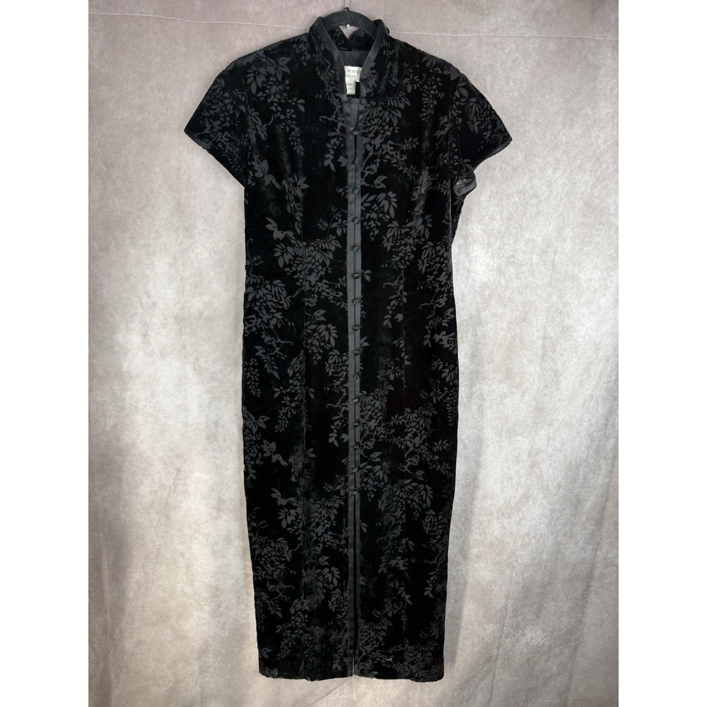 VTG Y2K Jones New York Qipao Tang Style Mandarin Collar Velvet Dress In Black 12